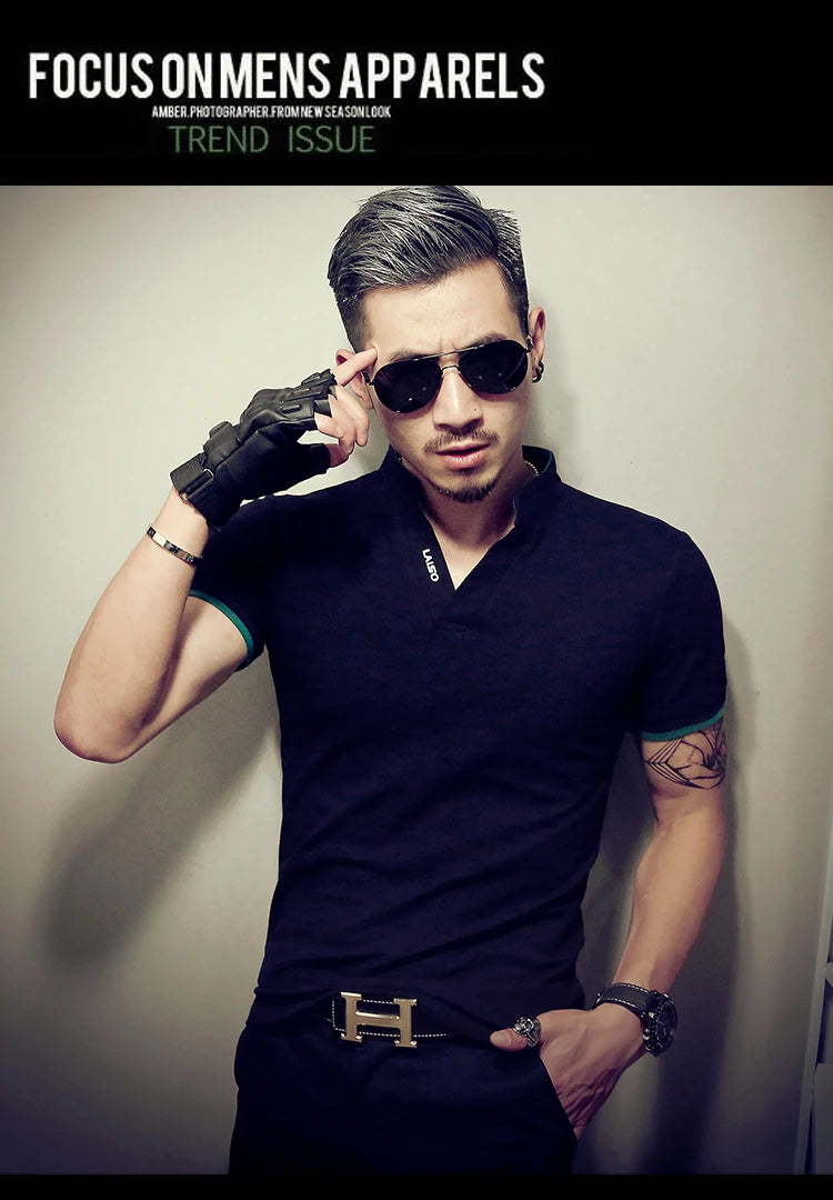 2021 Men's V Neck Fitness T Shirt Summer Fashion Solid Short Sleeve T Shirt Men LAISO Prints Slim Fit Mens Top Tees Shirt 5xl