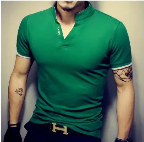 2021 Men's V Neck Fitness T Shirt Summer Fashion Solid Short Sleeve T Shirt Men LAISO Prints Slim Fit Mens Top Tees Shirt 5xl