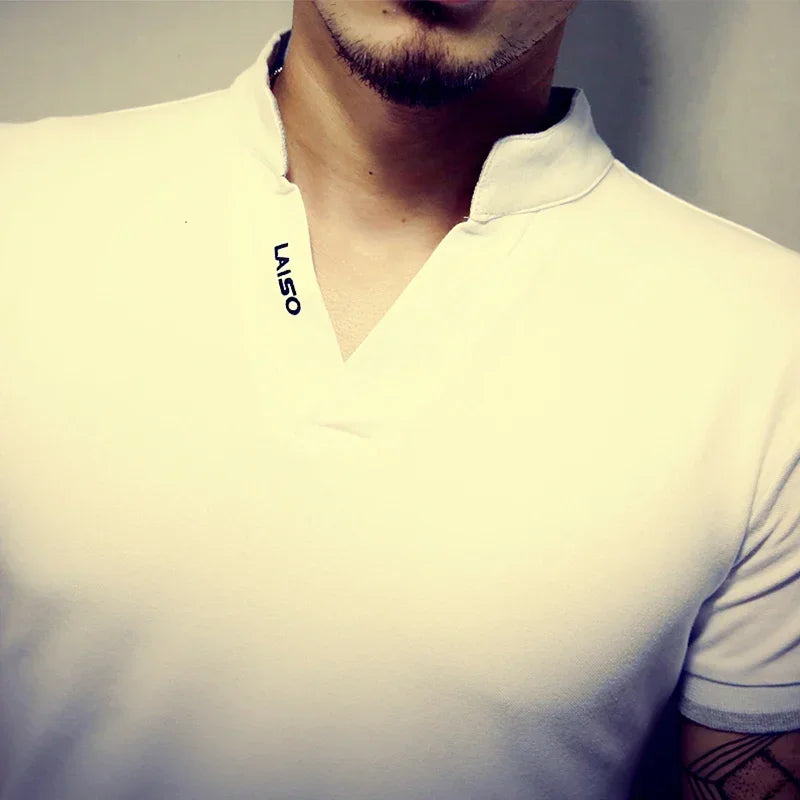 2021 Men's V Neck Fitness T Shirt Summer Fashion Solid Short Sleeve T Shirt Men LAISO Prints Slim Fit Mens Top Tees Shirt 5xl