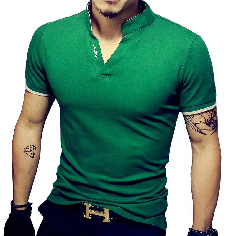 2021 Men's V Neck Fitness T Shirt Summer Fashion Solid Short Sleeve T Shirt Men LAISO Prints Slim Fit Mens Top Tees Shirt 5xl