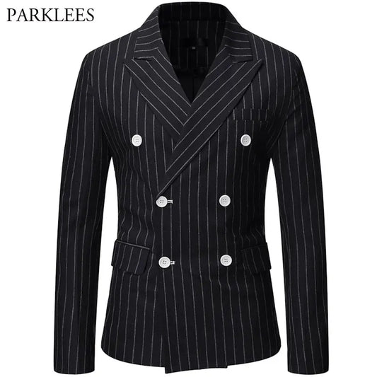 Black Striped Men Blazer Fashion Double Breasted Mens Suit Jacket Coats Casual Business Tuexdo Costume Homme Casaco Masculino