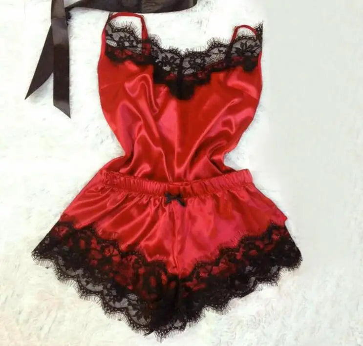 2024 New Women Bow Sleepwear Sleeveless Strap Nightwear Lace Trim Satin Cami Top Pajama Sets femme sexy lingerie pyjamas women